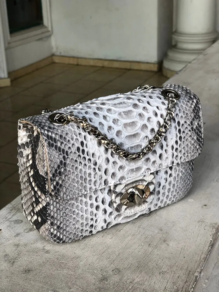 Genuine Python Skin Small Crossbody Leather Bag | Classy Small Crossbody Chain | Grey Light Small Crossbody Summer Elegant Classy Women Bag