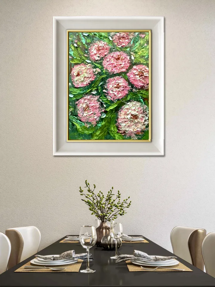 Chrysanthemums painting ,original oil painting on canvas ,pink chrysanthemums,abstract background, impressionistic chrysanthemums painting