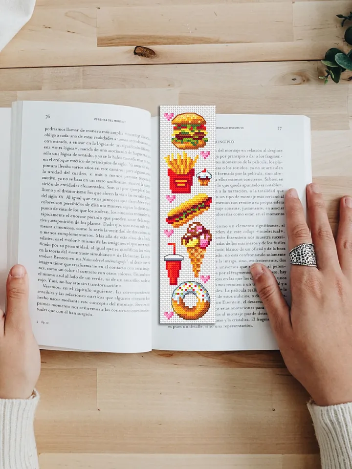 Fast food bookmark cross stitch pattern download PDF Simple handmade bookmark digital PDF, Food cross stitch chart, Small hamburger #B106