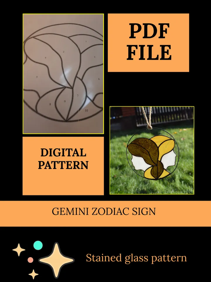 Gemini zodiac sign/ Digital Download / Stained Glass Pattern / PDF file / DIY