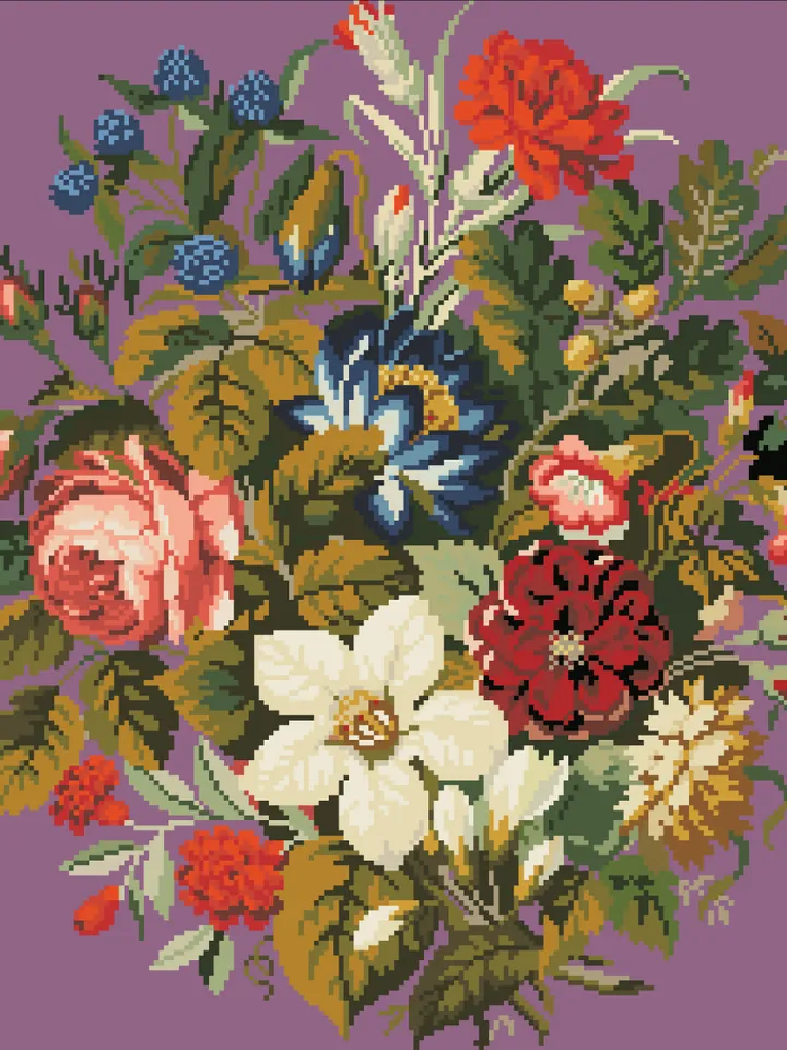 Antique Cross Stitch Pattern Bouquet of Garden Flowers Counted Digital Download PDF