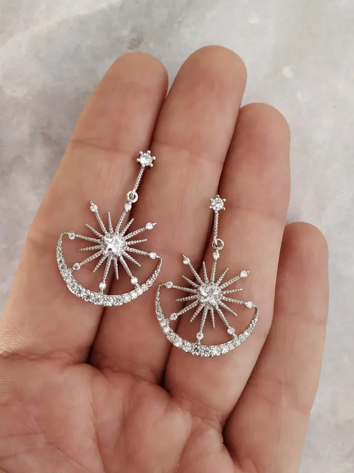 Rose Gold Moon and Star Hoop Wedding Earrings, Celestial Boho Bridal Earrings, Bridesmaid Gift, Dangle Earrings Bohemian Jewelry, Jewellery