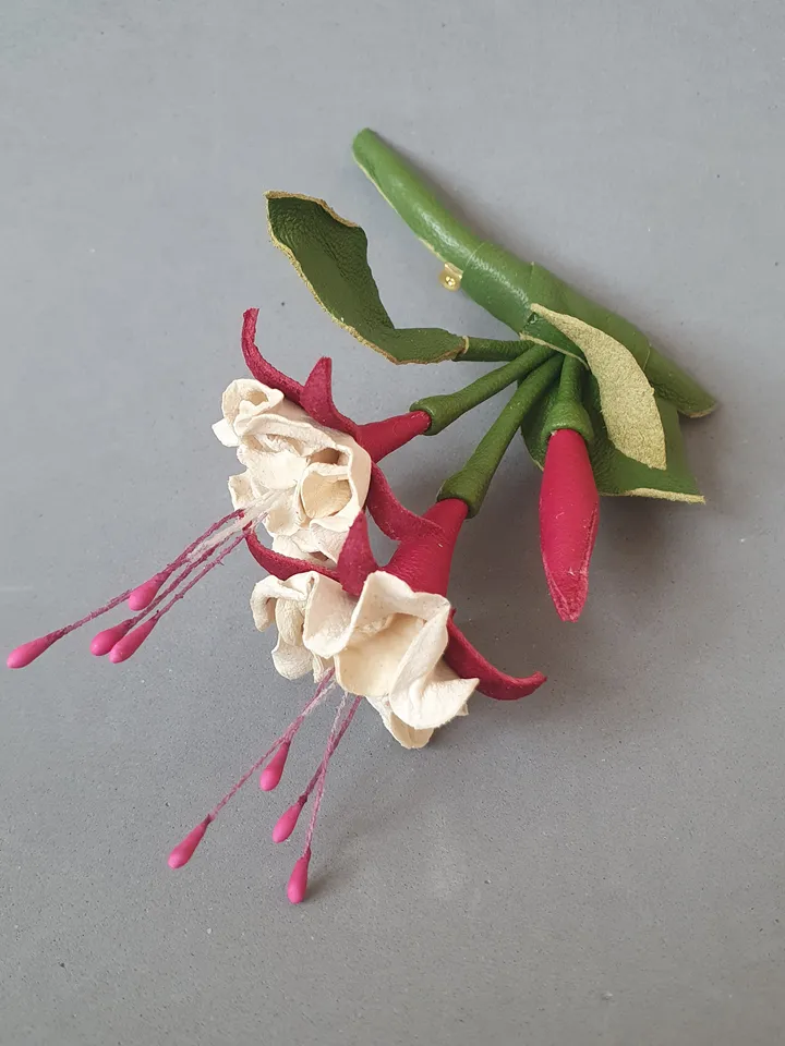 Fuchsia leather brooch 3rd anniversary gift for wife, Leather women's jewelry