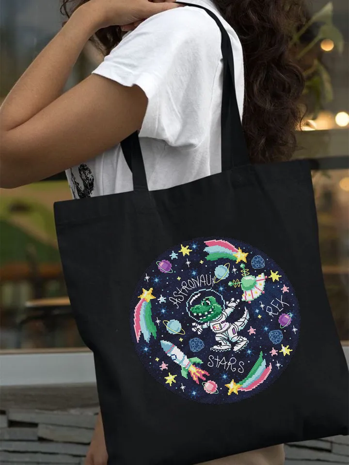 Space dinosaur cross stitch pattern PDF download Funny tyrannosaurus rex in space cross stitch chart, Astronaut dinosaur embroidery PDF #K58