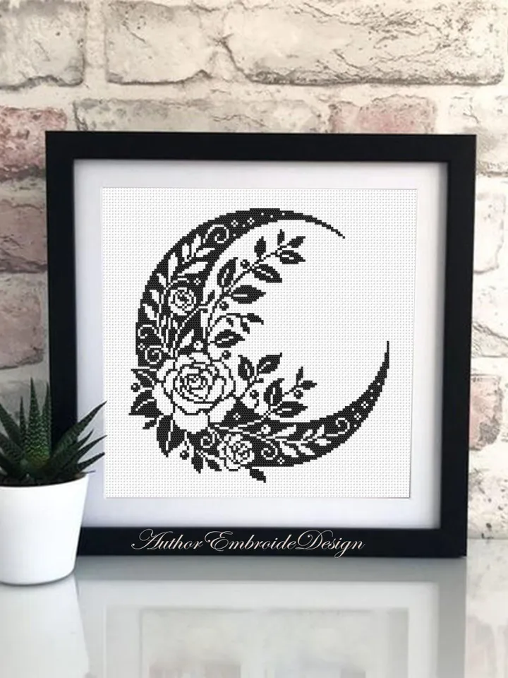 Crescent moon and flowers cross stitch pattern PDF download Floral moon cross stitch chart, Moon pattern digital PDF, Moon embroidery #P50