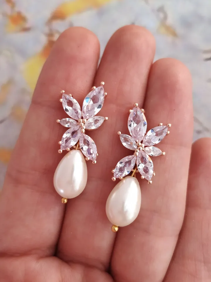 Swarovski Crystal Wedding Earrings, Pearl Bridal Earrings, Rose Gold Wedding Earrings, Vintage Style CZ Wedding Jewelry For Bride Gift