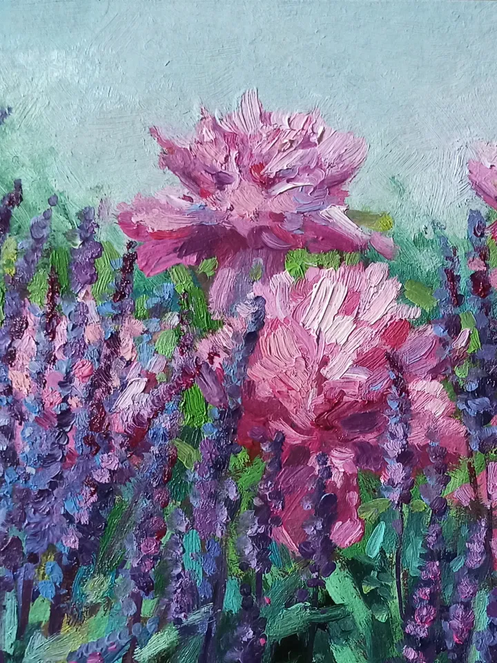 Sage and Peonies, Garden flowers, Original oil painting on art cardboard 18x24cm