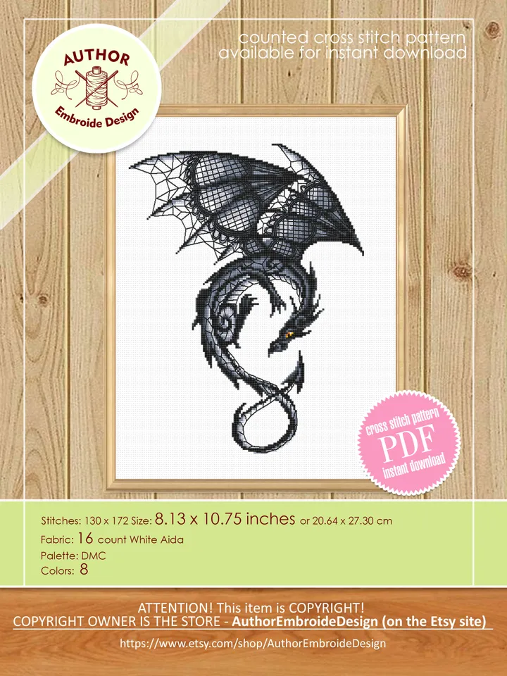 Dragon cross stitch pattern download PDF Fantasy animal cross stitch chart, Blackwork patterns Dragon embroidery PDF, Gothic home decor #D12