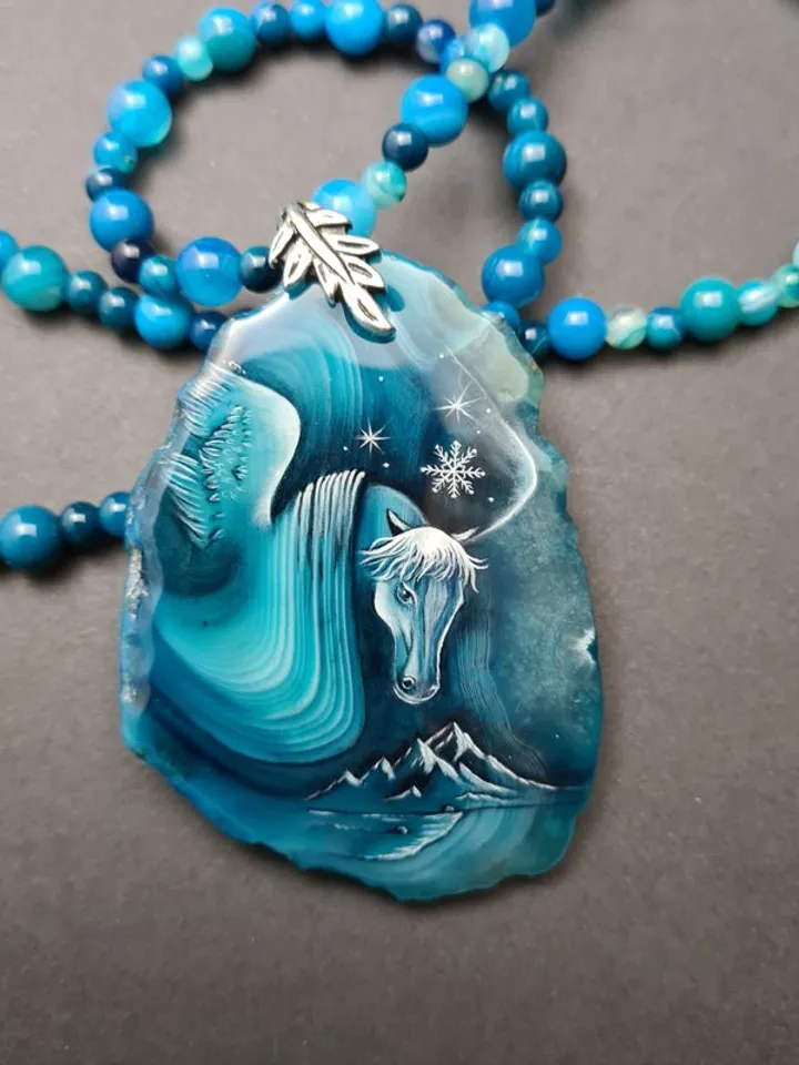 Snow horse necklace Jewelry Hand painted on blue agate miniature painting