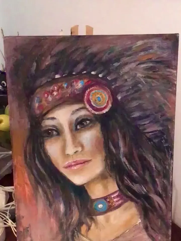 Native American queen original acrylic painting on canvas board,woman in national cloths,home decoration wall art,one of a kind.