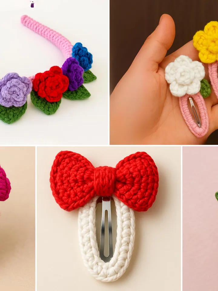 Crochet Hair Clips Bundle, Floral Bow & Daisy Clip Tutorials, Stylish Hair Clips for Kids and Babies, Gift for Craft Lovers