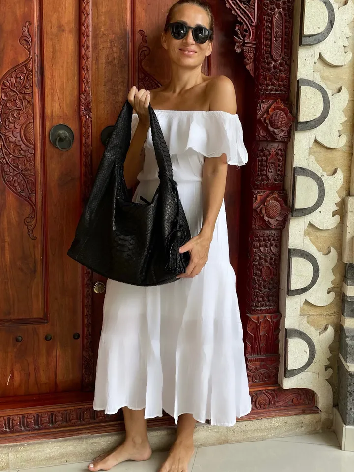 Big Soft Hobo Classy Sport Woman Bag | Purse Genuine Python Skin | Python Skin Products | Black Big Elegant Leather Designer Soft Bag Snake