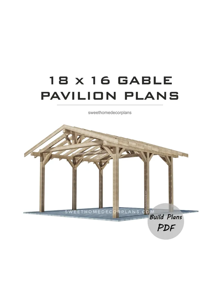 DIY 18 x 16 gable pavilion plans. Covered carport plans. Wooden gazebo plans. Timber frame backyard open garage plans in PDF.