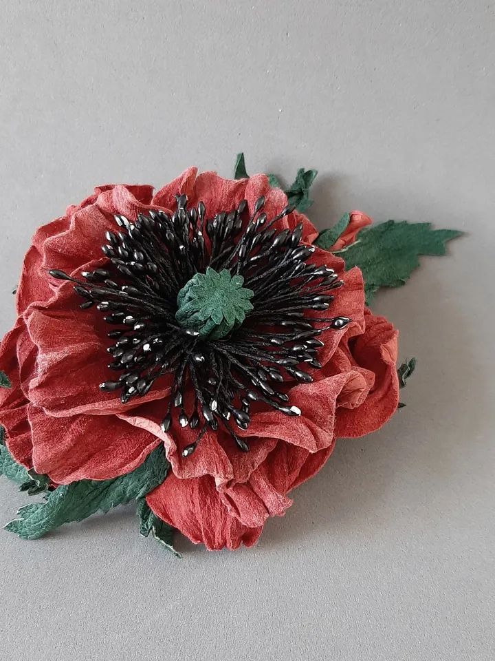 Red poppy leather brooch 3rd anniversary gift for wife, Leather women's jewelry