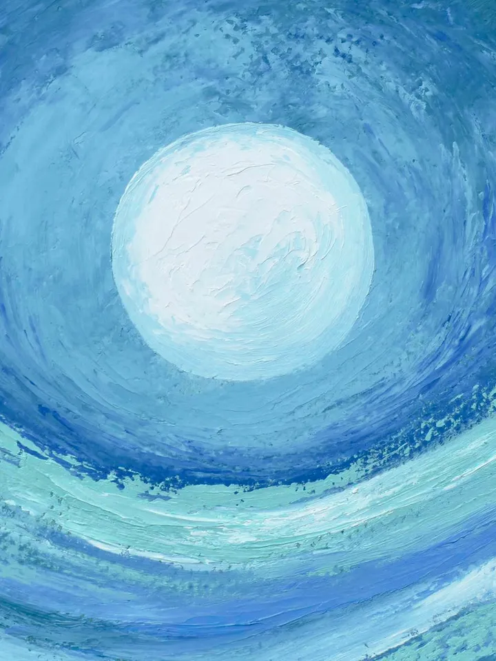 Moon Painting Blue Turquoise Abstract Wall Art on Canvas | Abstract Mountain landscape oil painting