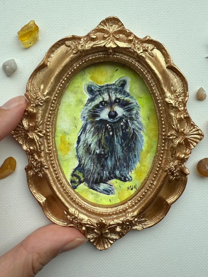 Raccoon Painting Original Small Framed Animals Gouache Painting Cute Wildlife Art Oval Frame