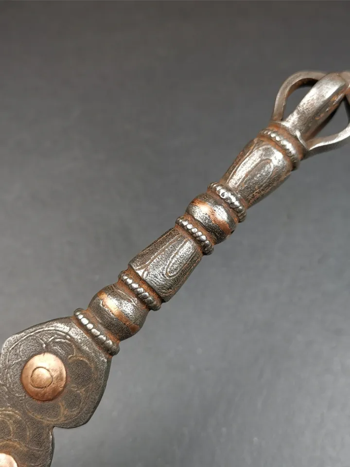 Gandhanra Tibetan Buddhism Ritual Implement Dorje Phurba(Kila Dagger),Dharma Ritual,Altar Tool,Made of Cold Iron inlaid Copper