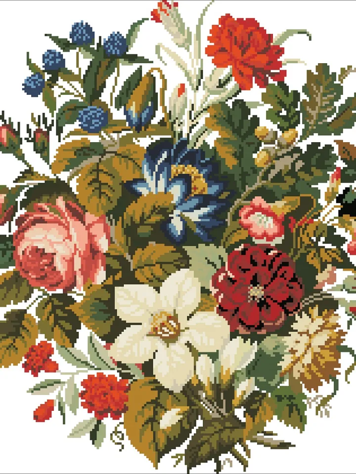 Antique Cross Stitch Pattern Bouquet of Garden Flowers Counted Digital Download PDF