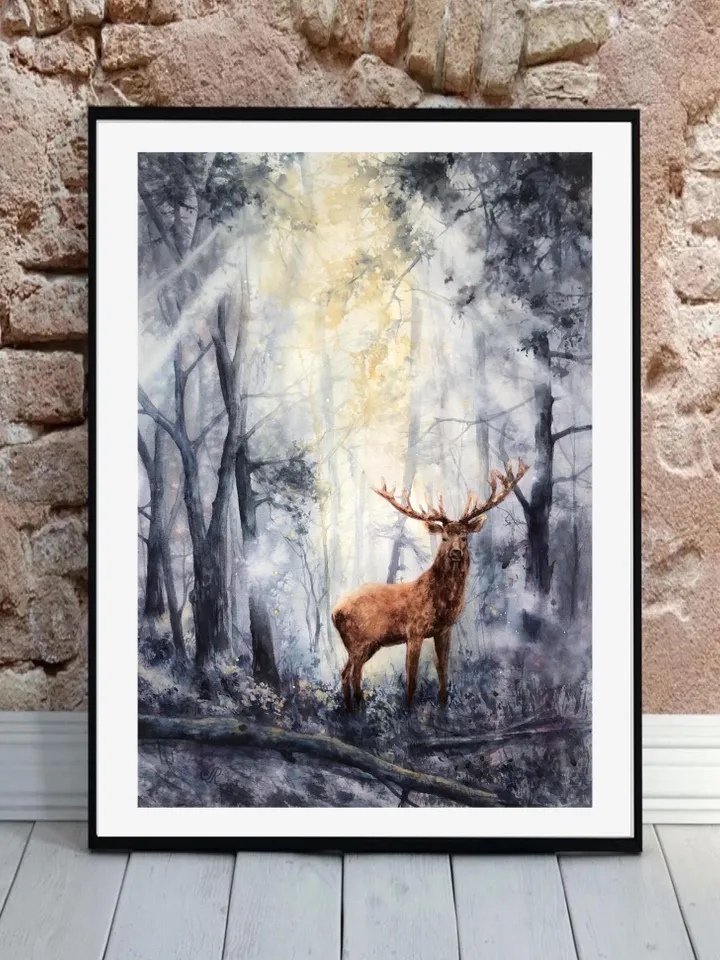 Forest Original Painting Sunset Watercolor Landscape Deer Wall Art