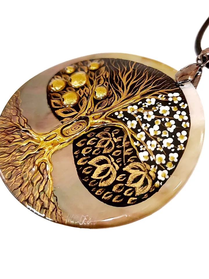 Beautifull Pendant "Tree of life"Mother-of-pearl Hand painted miniature painting magic of painting art jewelry Fedoskino Russian jewelry