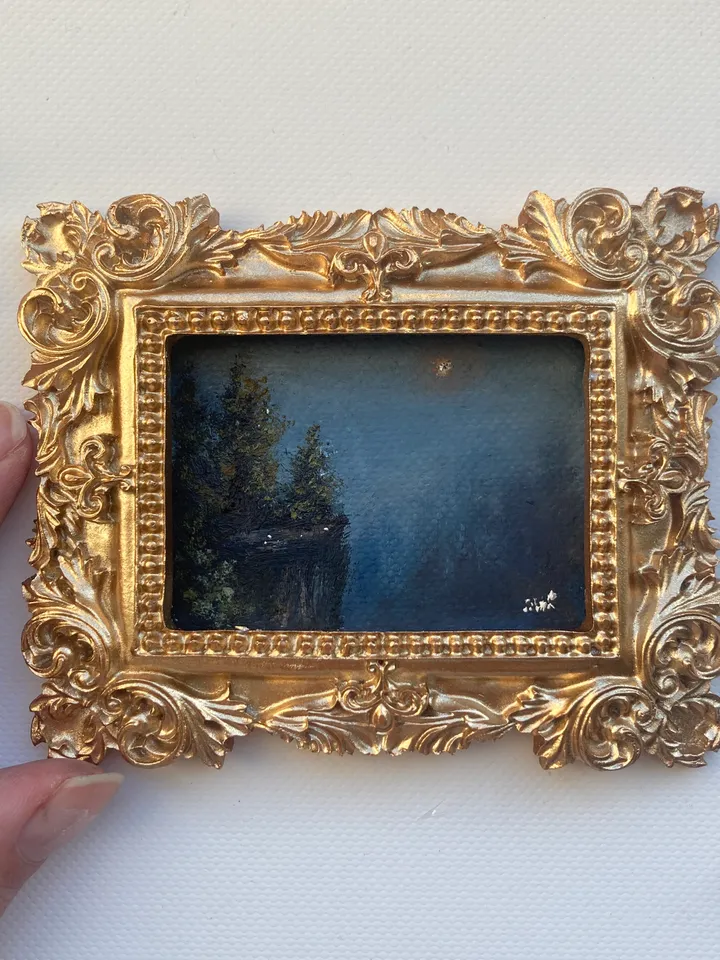 Small Landscape Oil Painting Framed Original Foggy Cliff Painting Antique Misty Art Gold Frame Tiny Paintings 3 x 4 Art