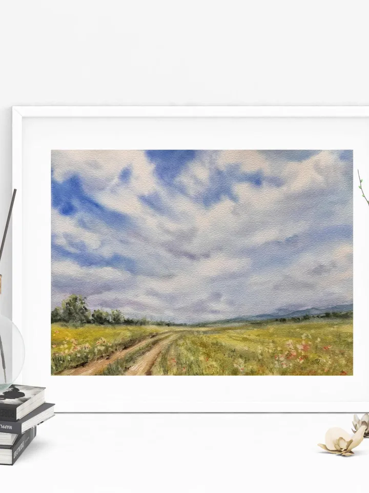 Meadow Original Painting Landscape Watercolor Painting Fields Painting