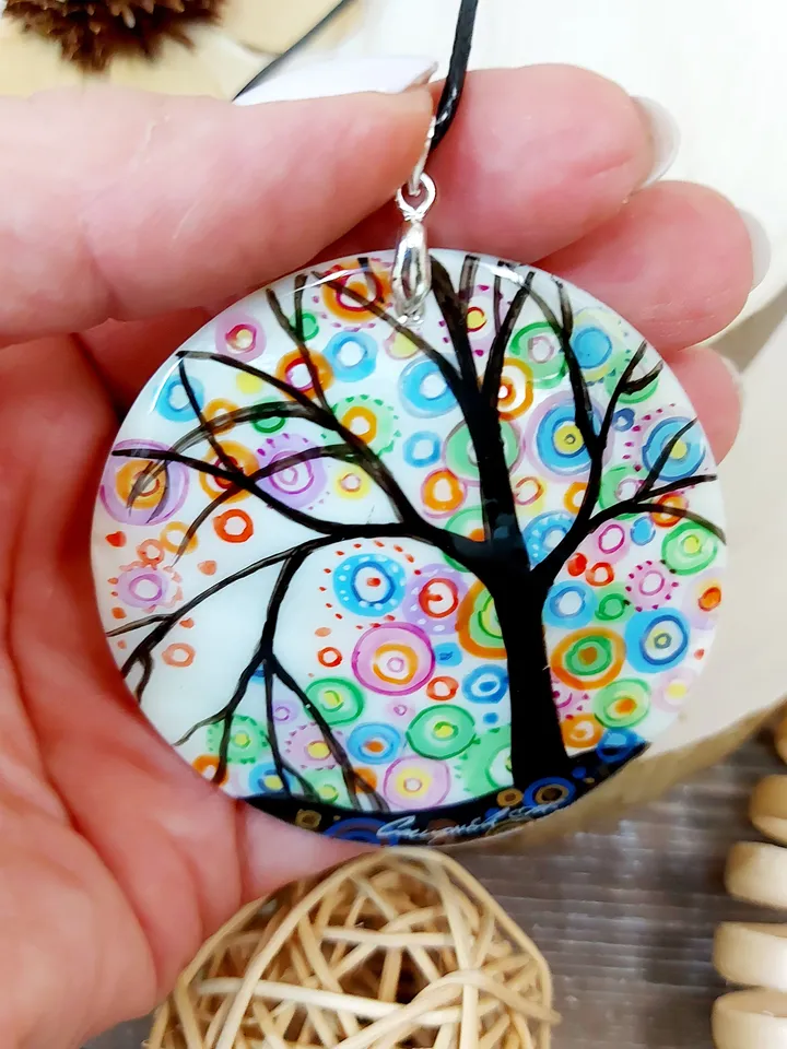 Mother-of-pearl Russian hand-painted necklace The Tree of Happiness Hand paint necklace pendant MOP pendant Hand painted miniature painting