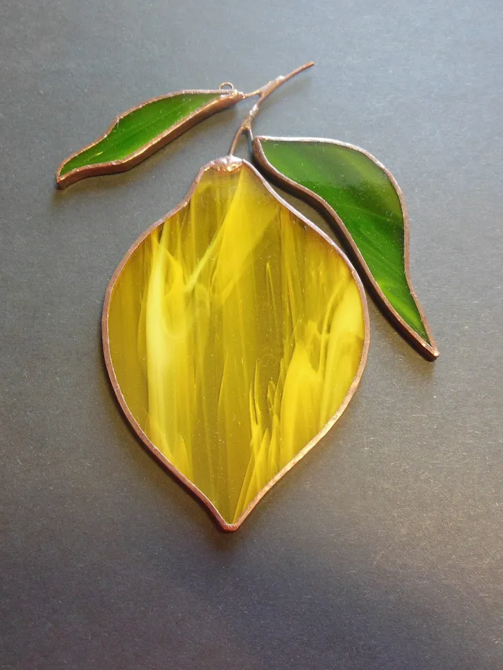 Yellow Lemon . Art stained glass window hanging Suncatcher (texture S ) kitchen fruit berries