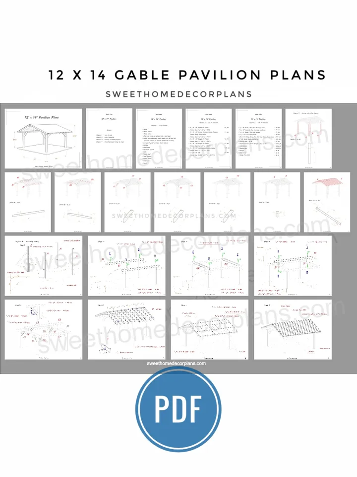 12 x 14 gable pavilion plans for DIY. Wooden gazebo plans pdf. Covered carport plans. Timber frame backyard pavilion plans.