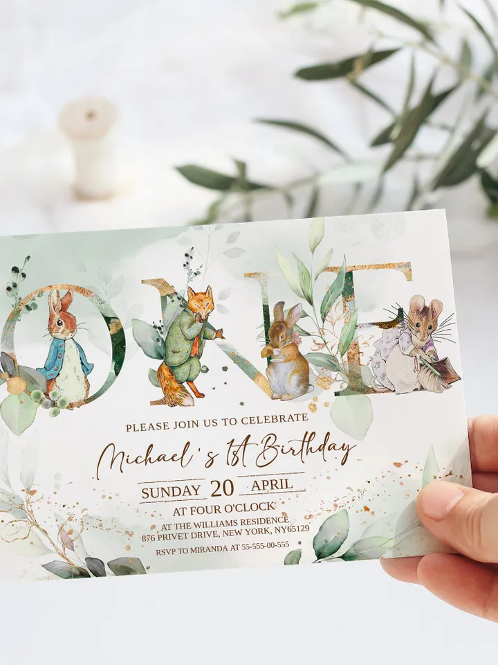 Rustic Peter Rabbit First Birthday Invitation Template;  Spring Bunny Classic Peter Rabbit Birthday Invitation  Handdrawn Peter Rabbit