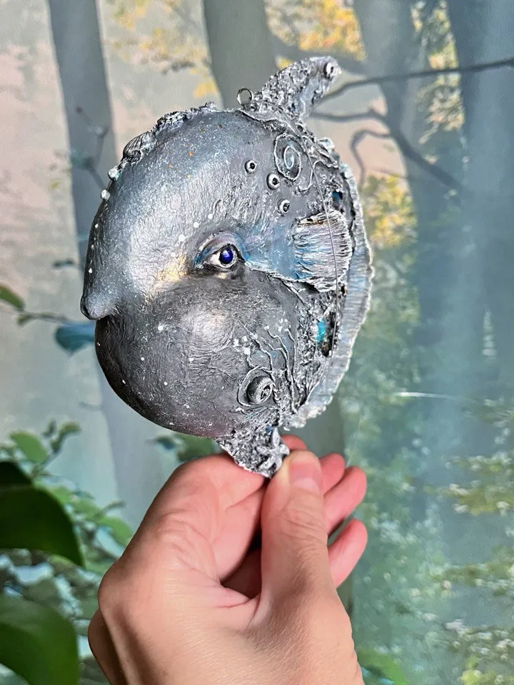 Suspended papier-mâché figurine Fish Moon. Art sculpture from papier-mache - series “Sea”. Unique interior decor handmade. Unusual interior pendant for your collection.