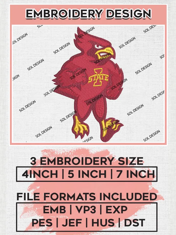 Iowa State Cyclones Team Funny Mascot Logo Embroidery Design Files, NCAA Iowa State Cyclones Machine Embroidery, NCAA Teams, 3 sizes, NCAA Machine embroidery designs, Digital Download