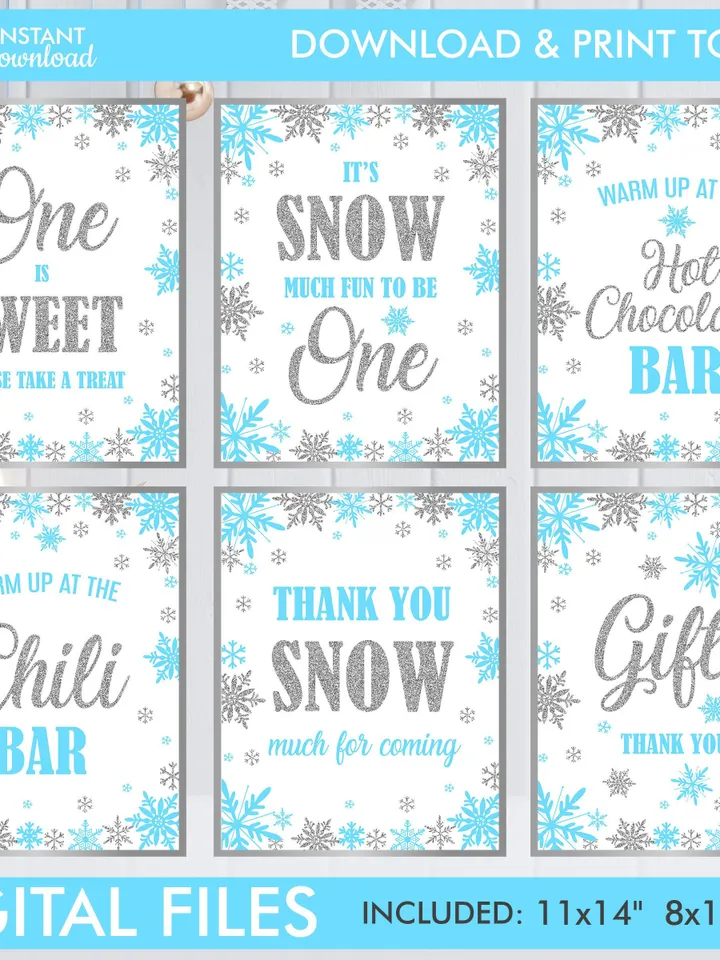 Winter Onederland Signs, Winter Onederland Birthday Boy Decorations, Blue Silver Snowflakes First Birthday Decorations Instant Download
