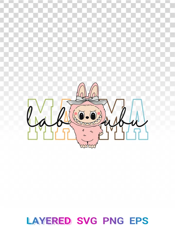 Pink Labubu PNG, MAMA 💕 Script SVG, Kasing Lung Character Transparent Clipart