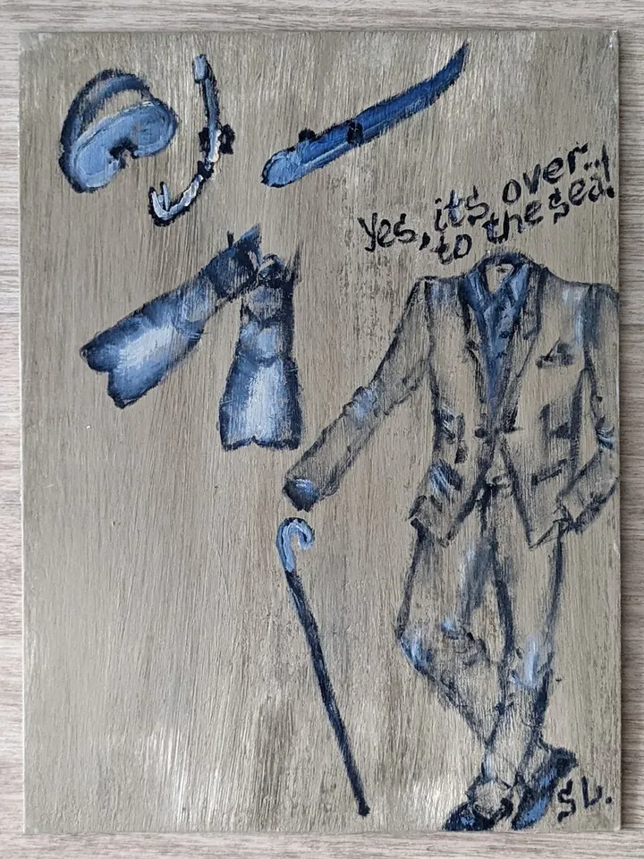 Oil Painting "Man with Diving Equipment" Original Art 10x7" Cardboard