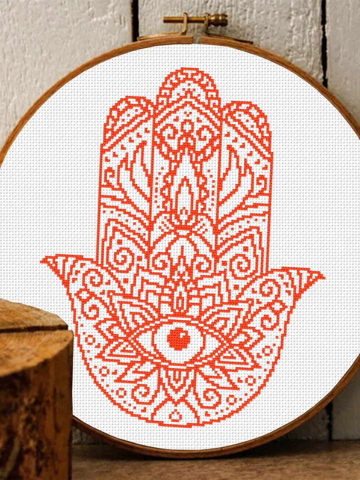 Hamsa hand cross stitch pattern download PDF, Monochrome mandala pattern, Hand of Fatima cross stitch, Evil eye hamsa beginner stitch #M83