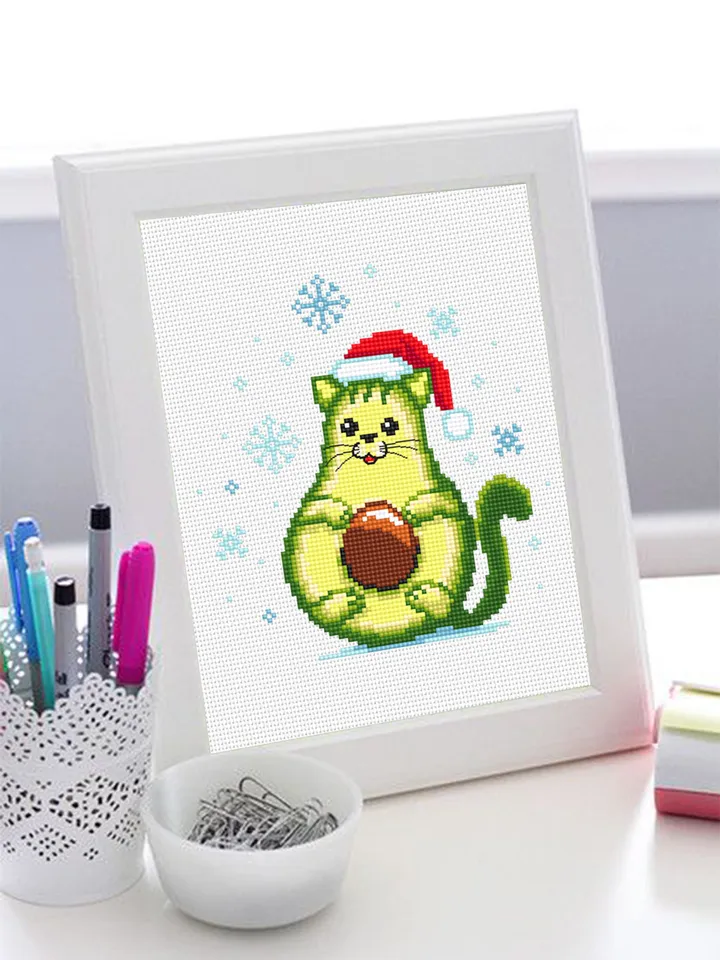 Kawaii Christmas avocado cross stitch pattern download PDF, Funny avocato, Holiday embroidery beginner, Cute kawaii cat cross stitch #N71