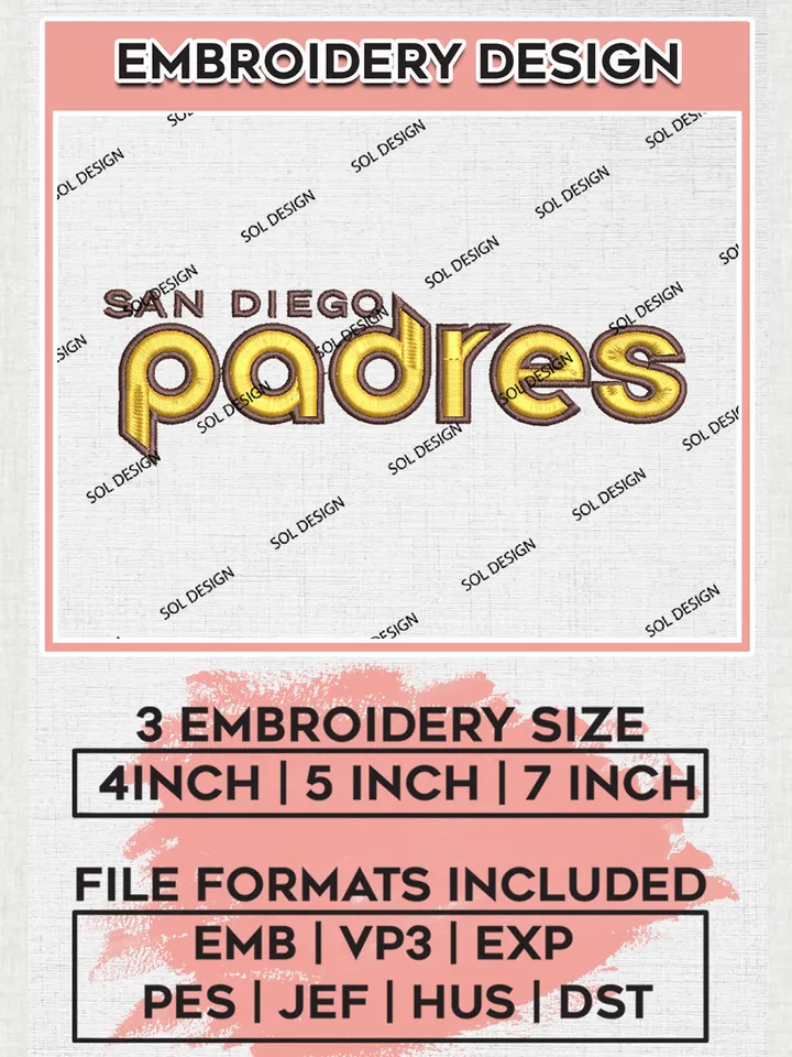 San Diego Padres Wordmark Logo Embroidery Files, MLB San Diego Padres Team Embroidery Designs, MLB Teams, 3 sizes, MLB Machine embroidery designs, Digital Download