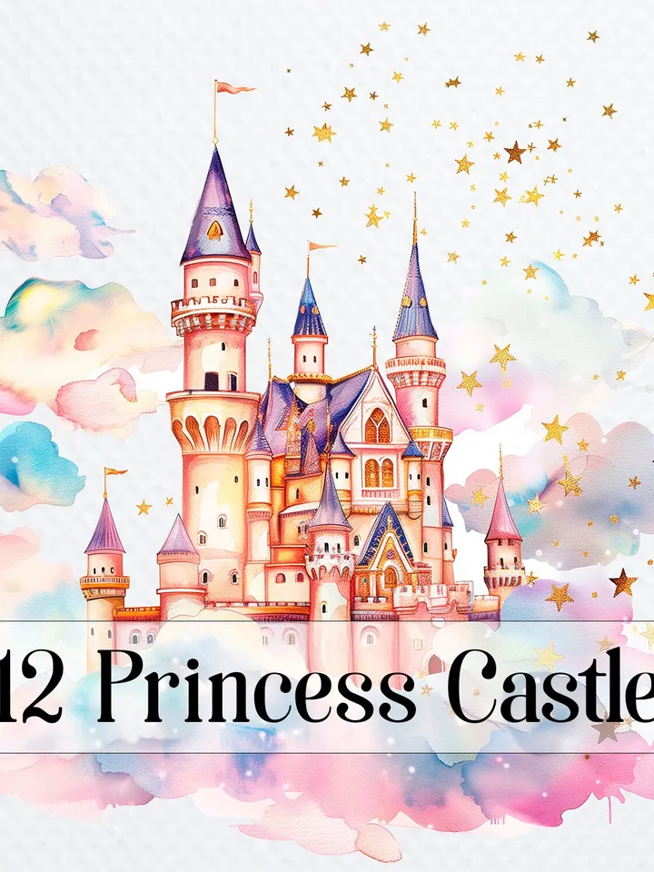 12 Princess Castle PNG Clipart, Watercolor Princess Castle In the clouds and stars for sublimation, Castle   Paper craft, Junk Journals