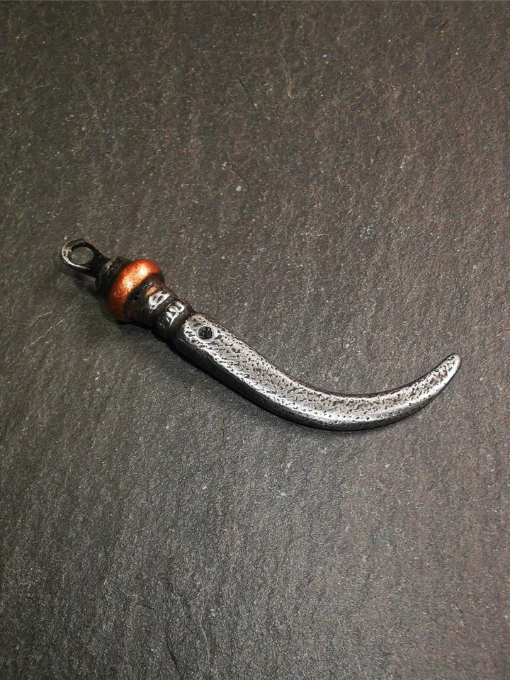 Gandhanra Handmade Tibetan Amulet ,Wolf Tooth Pendant with Leather Cord,Made of Cold Iron inlaid Copper,1.77"