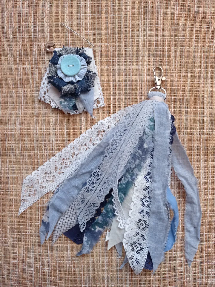 Blue brooch and keychain made of ribbons and boho fabric set