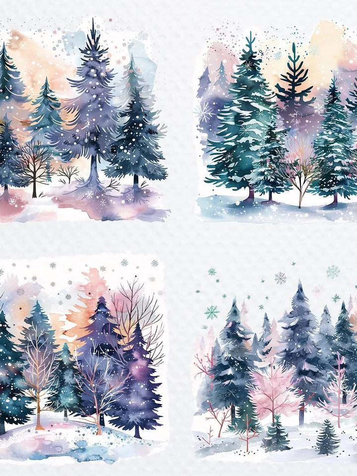 10 Christmas Trees PNG Bundle, Winter Landscape Printable Watercolor clipart fosublimation, High Quality PNG, Digital download, Paper craft