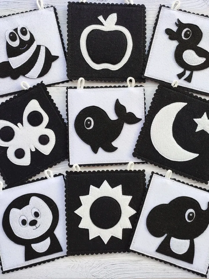 High Contrast quiet book pattern , Infant Stimulation Contrasting Pattern, Black and white felt cards for baby svg, Montessori newborn pdf