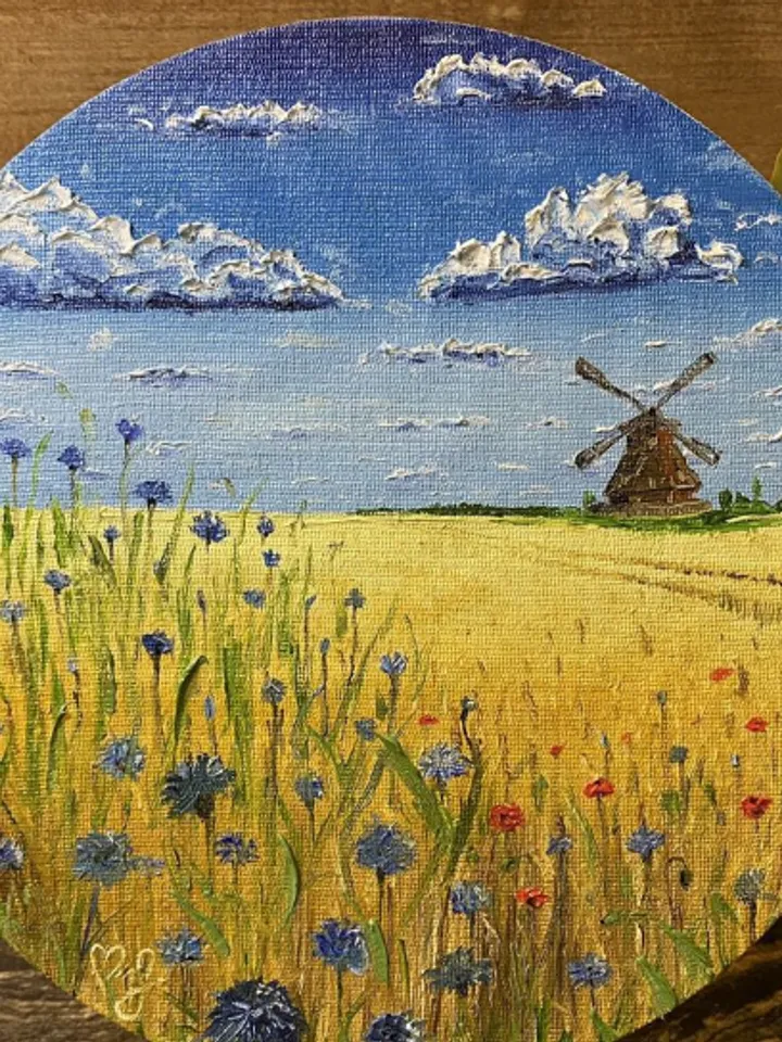Painting "Wild flowers", oil, diameter 25 cm