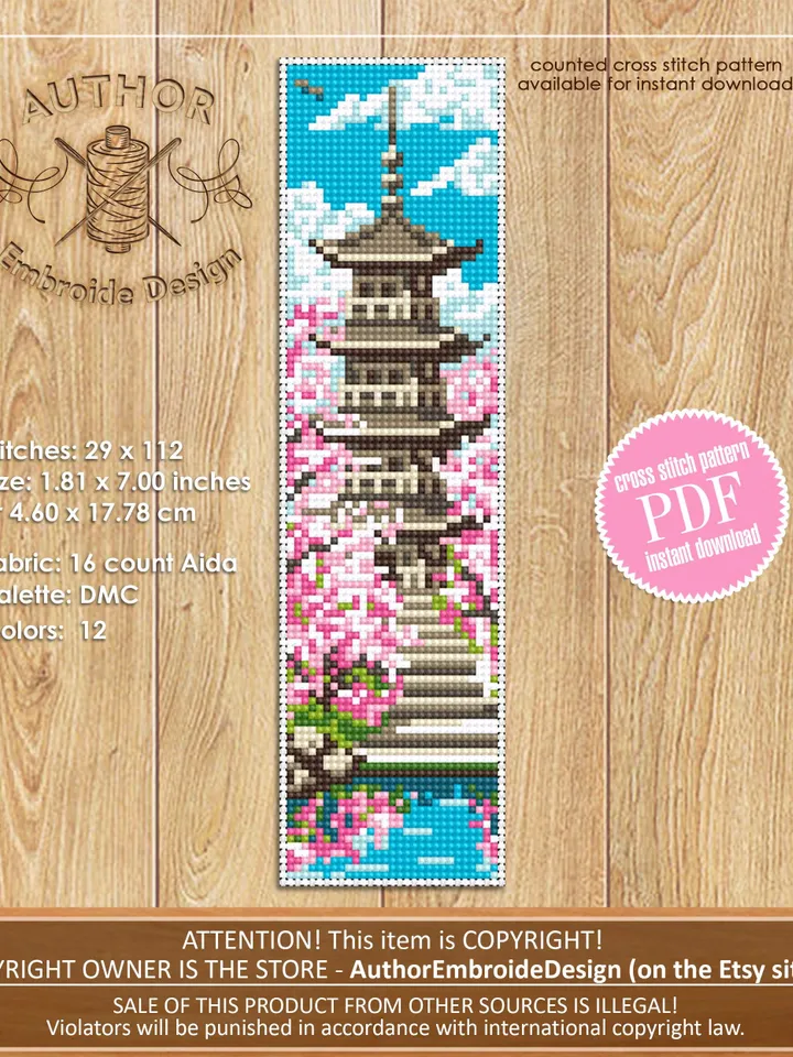 Spring bookmark cross stitch pattern PDF download Japanese pagoda cross stitch chart for beginner, Sakura bookmark pattern digital PDF #B470
