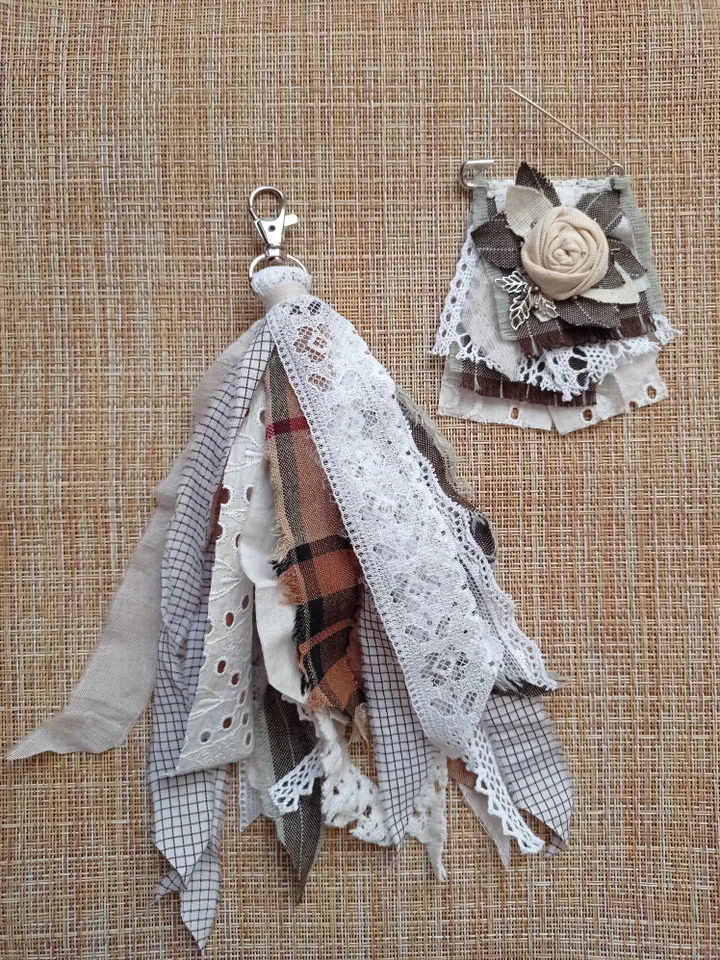 Set of brooch and keychain made of ribbons and boho fabric