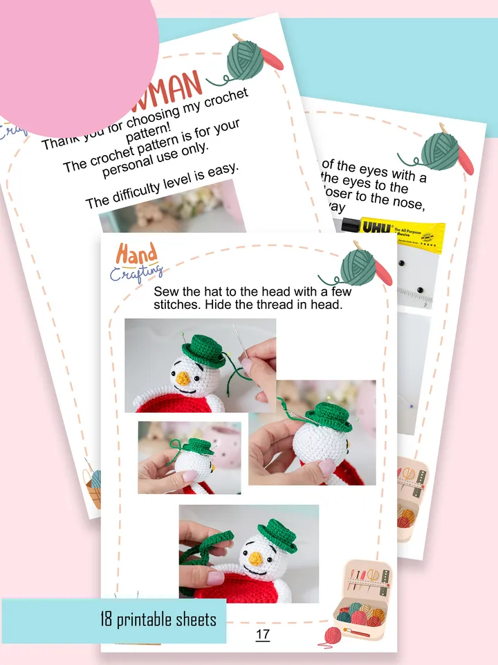 Crochet pattern amigurumi christmas snowman coaster toy pattern PDF file in ENG for beginners