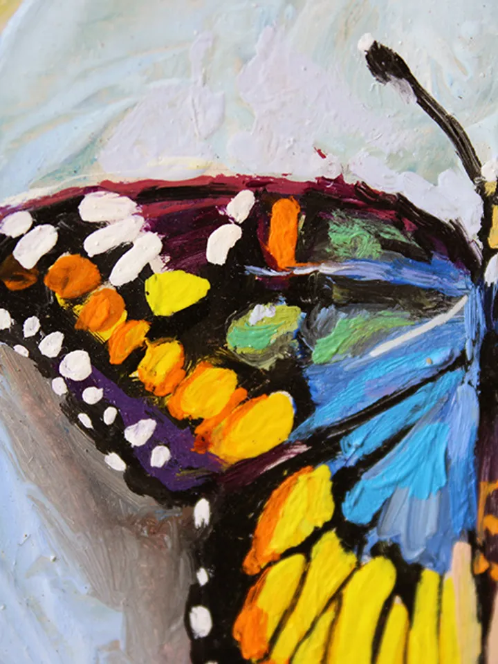 Butterfly medallions painted with oil paints on quartz vinyl, with a loop to hang. 3 pieces.