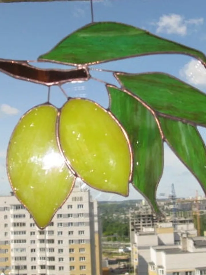 Yellow Lemons on Branch with Green Foliage . Art stained glass window hanging Suncatcher . Leaves leaf , Fruit Kitchen Decor