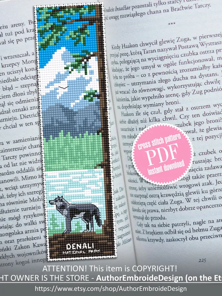 Denali National park bookmark cross stitch pattern PDF download Nature cross stitch chart, Wolf digital bookmark pattern PDF Mountains #B187
